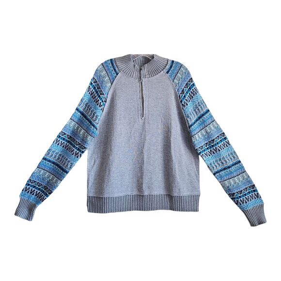 SUNDANCE Women L Sweater 1/2 Zip Gray Blue Fair Isle Sleeves Cotton Modal 42" - Picture 1 of 8